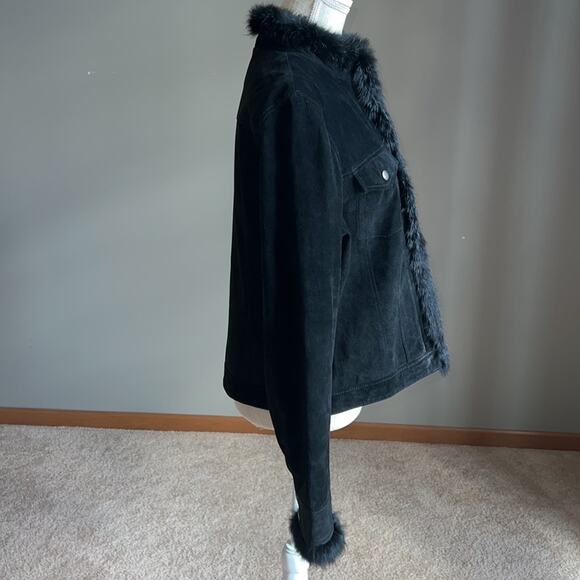 Yvonne Le Marie Black Suede Leather Jacket with Rabbit Fur Trim. Size 12 - Picture 6 of 13